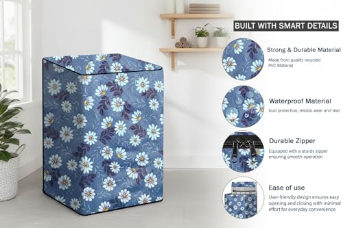 Image of Stylista PVC Washing Machine Cover Compatible for Samsung 6.5 KG Fully-Automatic Top Load WA65T4262GG, Floral Pattern Blueish Grey