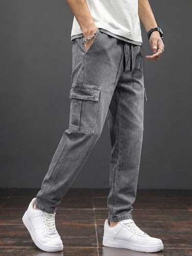 Image of JMIERR Men's Elastic Waist Cargo Jeans Stretch Denim Pants with Drawstring Relaxed Fit for Casual Daily Wear
