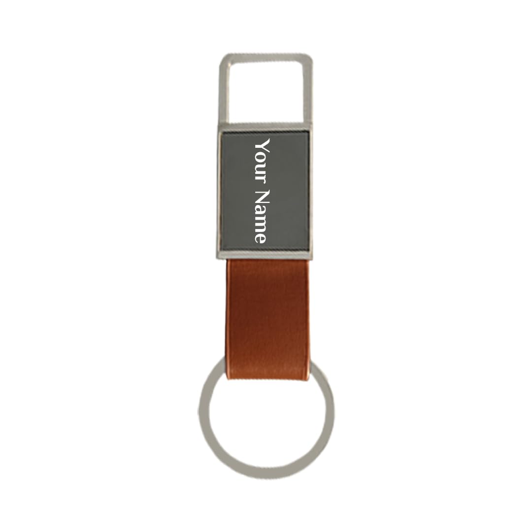 GiftanaPersonalized Keychain with Name, Customized Leather Strap Steel Keychain for Home Door and Bike, Personalised Birthday Gifts for Men and Women,Customised Corporate Gift for Employee - Tan
