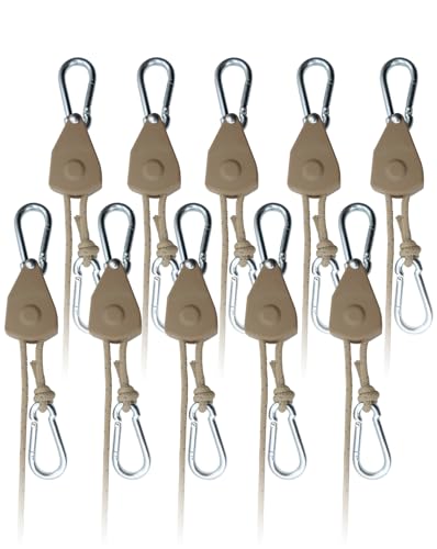 Image of 10Pack Retractable Ratchet Tie Down Straps, 13 Ft 1 /8 inch Adjustable Rope Hanger, Heavy Duty Ratcheting Pulley System with 2 Carabiner Hook, for Xmars Decorations, Hanging Plants, Grow Lights