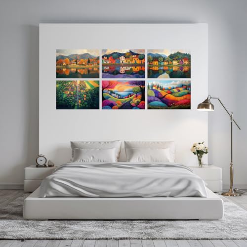 Image of SiddArtify Landscape Wall Art Poster Print Set - Colorful Village Poster Decor for Living Room Bedroom - 12x18 inch Sticker Pack of 6