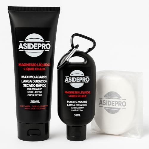 ASIDEPRO® Magnesio Líquido 250ML + 50ML + Bolsa con Magnesio en Polvo para Escalada, Crossfit y Gimnasio | Liquid Chalk, Antisudor y Secado Rápido