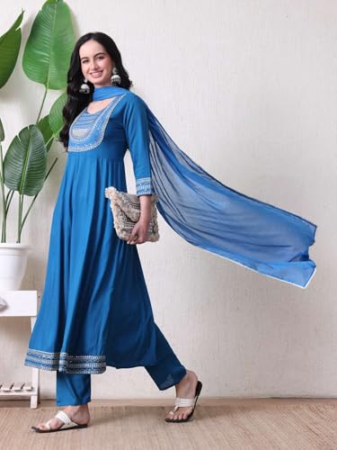 Image of Amazon Brand - Tavasya Women Rayon Straight Kurta Pant Dupatta Set | Embroidered Ethnic Suit Set | Regular Fit Kurta with Pant & Dupatta