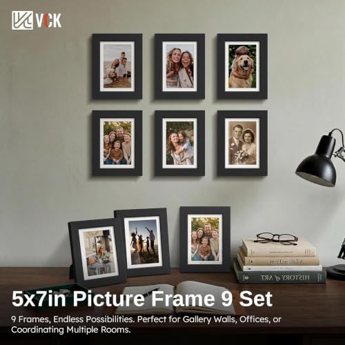 Image of VCK 5x7 Picture Frame Set of 9, Photo Collage Wall Decor, Black Wood