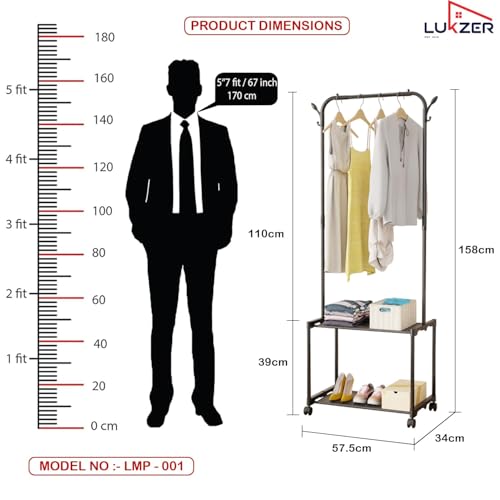 Image of Lukzer Metal Garment Stand /Cloth Stand with 2 Bottom Stylish Design Shelves Multipurpose Display Standing Rack Unit (Black /145 x 35 x 54 cm) CH-004