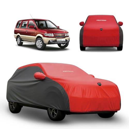 Image of PROTEGO Prime Series India's 1st Anti-Tear Car Cover for Chevrolet Tavera | Heavy-Duty, Custom Fit, All Weather Protection | 100% Waterproof, Windproof & Hail Resistant | 2-Year Warranty | Red + Black