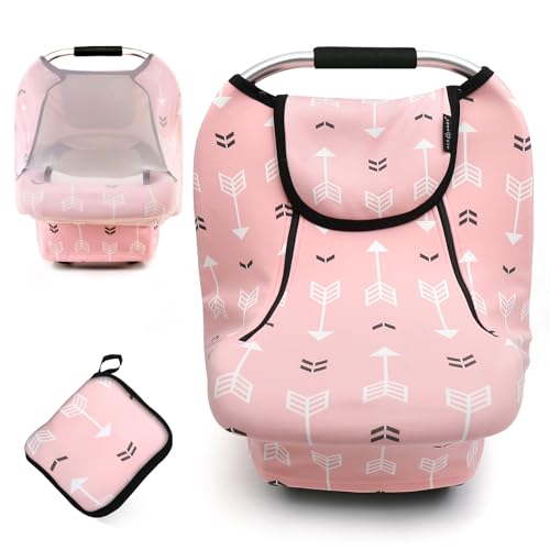 Image of ACRABROS Car Seat Covers for Babies,All Season Infant Carseat Cover Canopy for Boys and Girls,Stretchy Adjustable Peeping Window with Mesh Cover,Warm Breathable Universal,Pink Arrow