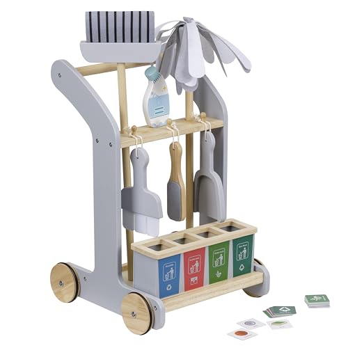 Baroni Toys Carro de Limpieza de Madera Montessori, 8 Piezas, Juego Educativo con Carro Entrenable, Incluye Escoba y Recogedor, Fregona, Cepillo, Accesorios de Recogida de Residuos, 29x32x48 Cm