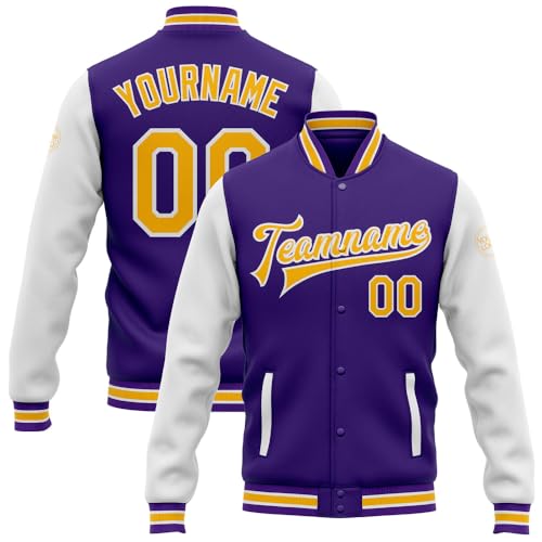 Custom Varsity Jacket, Baseball Jacket, Custom Purple Gold-White Bomber Varsity Jacket, Baseball Shirt Women, Baseball Gifts, Letterman Jacket Women, Varsity Jacket Men, Baseball Jacket