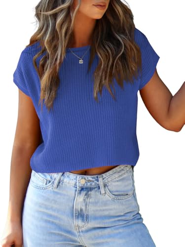 Image of LCXWFE Womens Summer Cropped Sweater Vest Trendy Cap Sleeve Crop Tops Crew Neck Loose Knit Tank Top