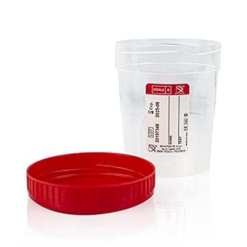 Virsus 10 contenitori urine per analisi, capacità 120 ml, Misura 5,6x7,6 cm. contenitore per urine con etichetta per il nome, Tappo ermetico di colore Rosso, per analisi in laboratorio