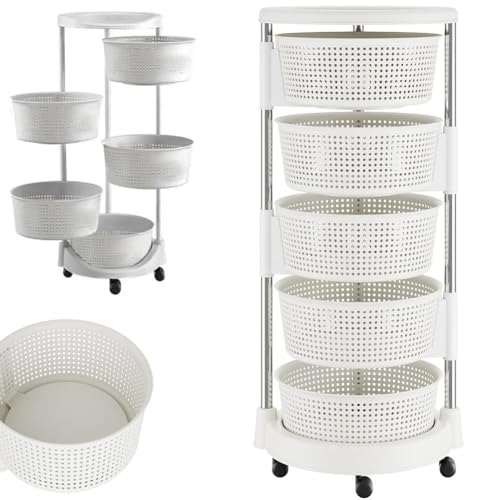 BAKAJI Carro de Cocina frutero con cestas abatibles, Carro portaobjetos Ahorra Espacio con 4 Ruedas giratorias, Estructura de Acero y cestas de plástico, Ideal para Cocina, baño, (5 estantes)