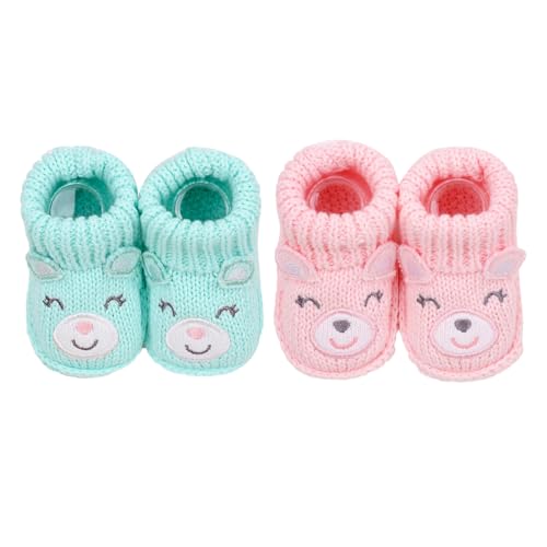 Cute Knitted Baby Booties, cute animal Infant Socks Shoes, Soft Non-Slip Newborn Footwear for Boys Girls, 2 Pairs, 0-3 Months(Grey+Blue) (pink fox and blue bear, 9 M US, Infant, Women, 0 Months, Age Range, US Footwear Size System, 3 Months, Medium)