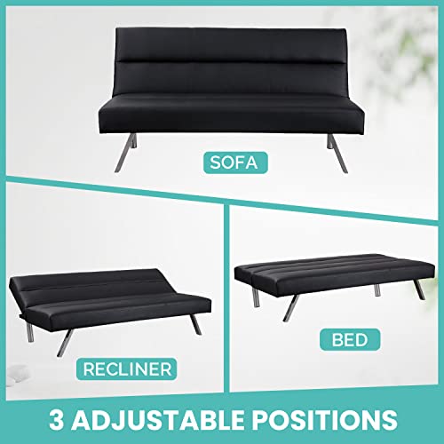 Naomi Home Zoe Futon Sofa Bed Faux Leather Futon Couch Modern Convertible Folding Sofa Bed Couch with Chrome Legs Reclining Mini Couch Leather Small Couch for Bedroom Living Room - Black - Thumbnail 4