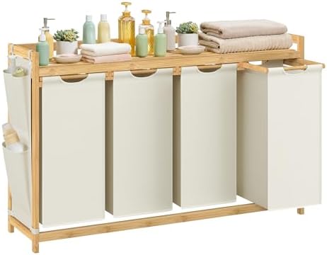SONGMICS Wäschekorb 4 Fächer, Bambus, 200 L, mit Ablage | Wäschesortierer, 124,6 x 33 x 78 cm, 200 L, Wäschesack, kleine seitliche Taschen, Cremeweiss, ROCKI Kollektion RLH120W01