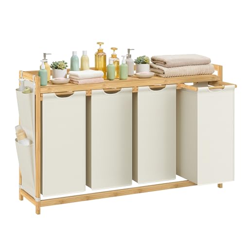 SONGMICS Cesto Portabiancheria a 4 Scomparti, Cesto Biancheria Sporca in Bambù 200 L, Porta Biancheria con Piano, Tasche Laterali, 4 x 50 L, 124,6 x 33 x 78 cm, Bianco Crema RLH120W01