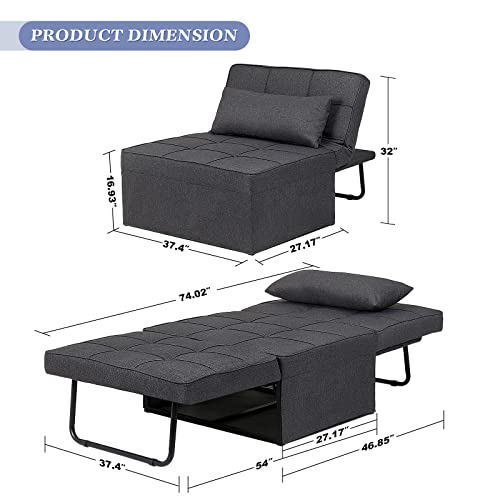 Saemoza Sofa Bed, Ottoman Bed 4 In 1 Multi Function Folding Sleeper Sofa, Breathable Linen Convertible Chair Adjustable Backrest Sleeper Chair For Living Room/Small Apartment, Deep Grey #TOP1
