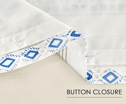 Image of SLEEPBELLA Boho King Size Duvet Cover Set - Cotton Reversible Blue /White with Button Closure & Soft, Breathable Fabric
