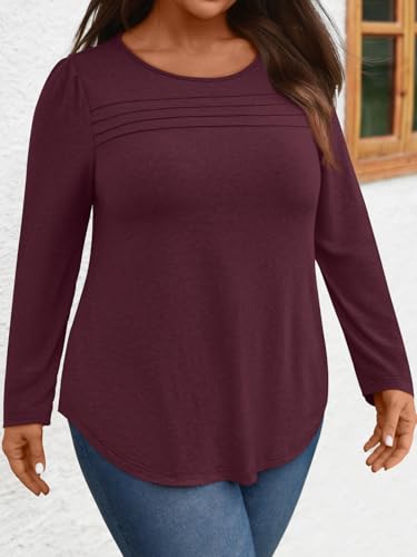 WYNNQUE Women Plus Size Long Sleeve Shirts Pleated Front Tunic Tops Curved Hem Casual Blouses3