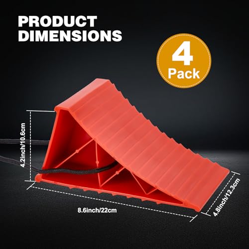 Image of PAHTTO Wheel Chocks, 4Pack Heavy Duty Wheel Chocks with Rope for Easy Removal, Durable, Non-Slip, Hard Plastic Wheel Chocks for, RV, Camper, Effective in Keeping Your Vehicle in Place, Red