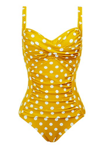 Womens Retro Tummy Control One Piece Swimsuit/Bathing Suit(Yellow Polka Dot,Size 12)