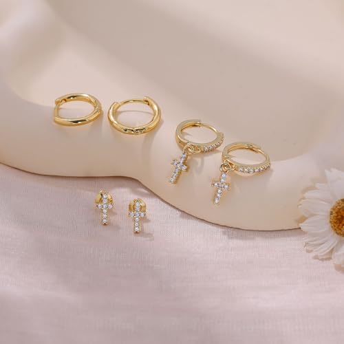 Gold Earrings for Women, 14K Gold Plated Cute Cross Butterfly Star Earring Stacks Dainty Huggie Earrings for Women Trendy Small Gold Hoop Earrings Non Tarnish Womens Jewelry4