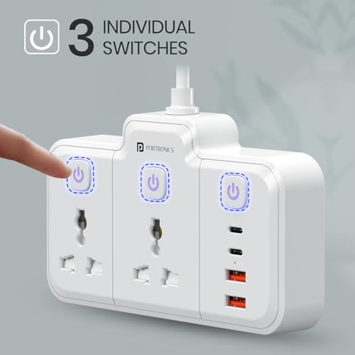 Image of Portronics 2500W Power Plate Plus 6-in-1 Power Extender, 2 Universal Sockets & 4 USB Ports, Individual Switches, 180 Flexible Cord, Child Safety Shutters, for Home, Office, Laptops, 6A /10A Appliances
