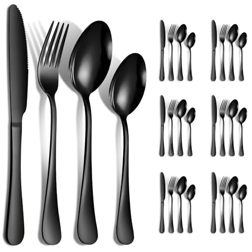 Cloeey Future Juego de Cubiertos Acero Inoxidable de 24 piezas, Incluye Cuchillos, Cucharas y Tenedores, Set de Cubiertos para 6 Personas, Apto para Lavavajillas, Negro