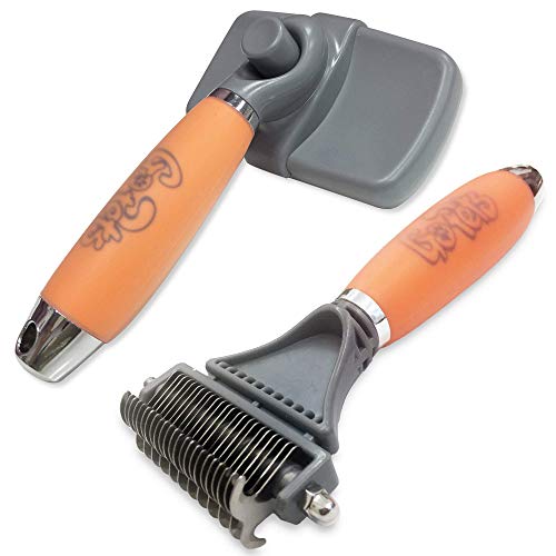 GoPets Pet Grooming Kit Bundle with 2 Sided Dematting Comb and Deshedding Rake + Professional Self-Cleaning Slicker Brush for Dogs and Cats
