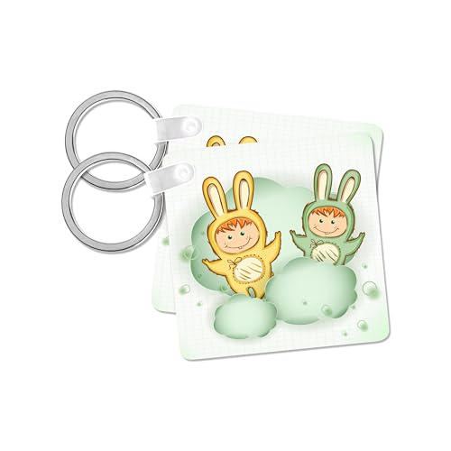 3dRose, Cute Little Easter Bunny Kids In Clouds Vector Cartoon Design, set of 6 Key Chains