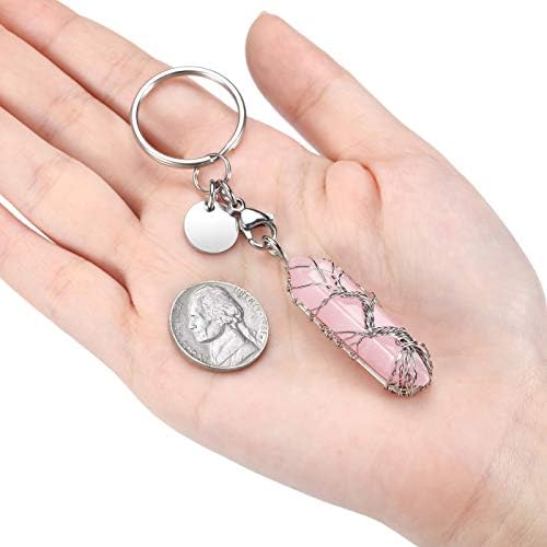 JSDDE Rose Quartz Healing Crystal Stone Keyring Silver Tree of Life Wire Wrapped Hexagonal Crystal Points Pendant Keychain
