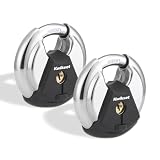 Kwikset Discus Padlock with Boron Carbide Shackle, High Security Outdoor Storage and Gate Lock, 2-3/4 in Body, 2 Pack Keyed Alike, Silver