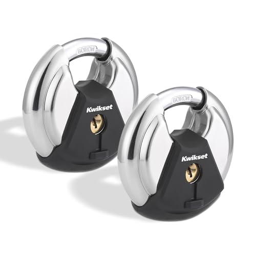 Kwikset Discus Padlock with Boron Carbide Shackle, High Security Outdoor Storage and Gate Lock, 2-3/4 in Body, 2 Pack Keyed Alike, Silver