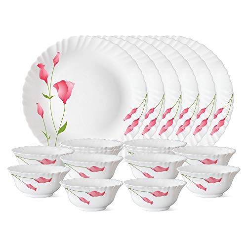 Larah By Borosil Glass Floral Dianathali Set (White) - 18 Pieces