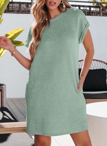 Image of EVALESS Womens Summer Dresses 2026 Fashion Short Sleeve Cute Spring Mini Dress Crewneck Casual Beach Vacation Dresses