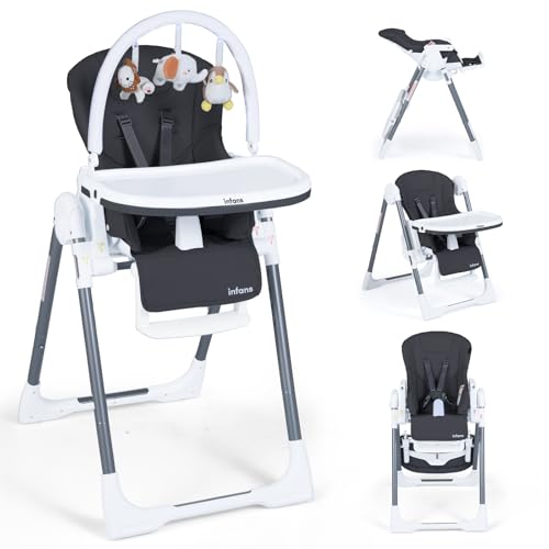 Image of INFANS High Chair for Babies and Toddlers, Foldable Highchair with 7 Different Heights 4 Reclining Backrest Seat 3 Setting Footrest, Removable Tray Built-in Rear Wheels with Locks
