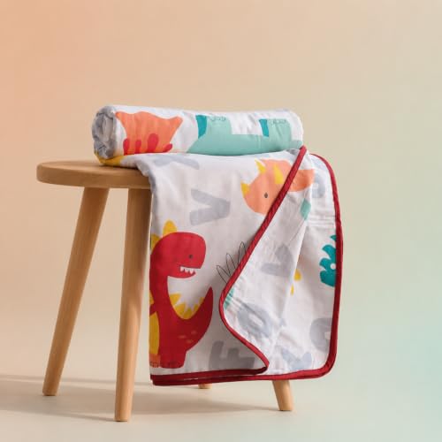 Image of LORETO - A QUALITY LINEN BRAND 100% Cambric Cotton Double Dohar 88 x 90 Inches, 3-Layer AC Blanket with Soft Cotton Flannel Filling, Summer Quilt, Reversible, Orange & Mint Alphabet Dino Play