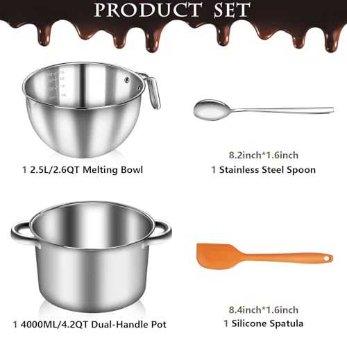 Artcome 304 Stainless Steel Double Boiler Set - 2.6QT Melting Bowl with Scale and Handle - 4.2QT Dual-Handle Pot - Stackable Water Bath Melting Pot Set for Butter, Chocolate, Wax, Sugar, Candle