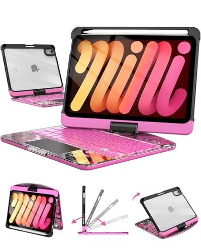 Image of Clear Keyboard Case for iPad mini 7 A17 Pro(2024) & Mini 6 (2021) 8.3 inch, 7-Color Backlit Wireless Keyboard with Touchpad, 360 Rotating Stand, Pencil Holder for iPad mini 7th /6th Generation, Pink