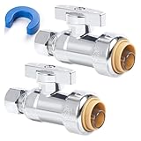 KAINGA 1/2' PTC x 3/8' OD Compression Straight Stop Valve, Toilet Water Shut Off for PEX, Copper, CPVC Pipe, Push to Connect Brass Plumbing Fitting with Quarter-Turn & Disconnect Clip, 2 Pack