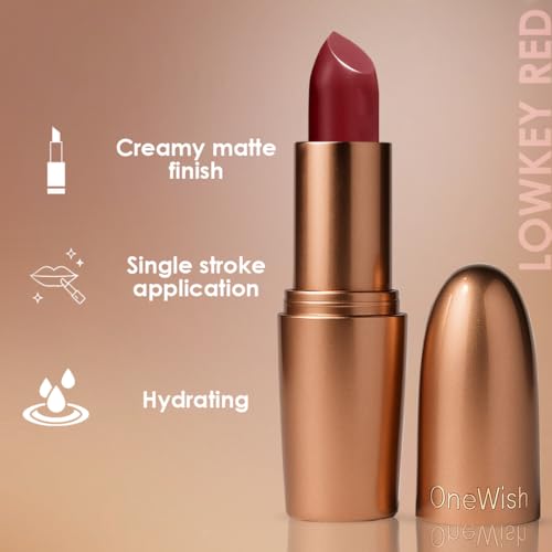Image of One Wish Creamy Matte Lipstick Long Lasting for Women - Lowkey Red Shade 20 | Full Coverage | Creamy Formula | No Flaky Lips | No Dryness | High-Pigment | SPF | Vitamin E, Almond Oil & Shea Butter for Moisturising Lip | 8 Hrs Lasting | Smooth Finish | 3.8 gm