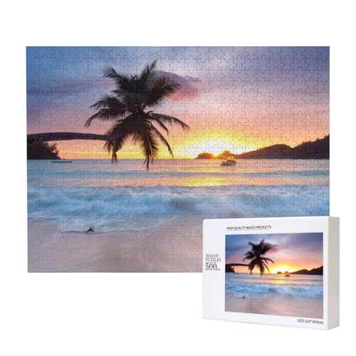 Sunrise Tropical Palm Tree Island,500 Pieces Wooden Jigsaw Family Game Jigsaw Puzzles for Adults Teens Home Decor