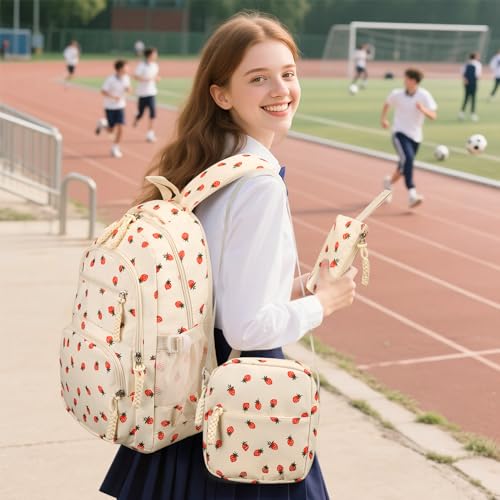 Image of Coquette Strawberry Backpack - Cute Kawaii Backpack Set Aesthetic Daypack Aesthetic Rucksack (B03 Strawberry Beige)