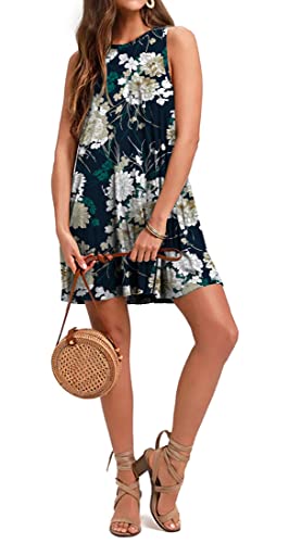 Weaczzy Summer Dresses For Women Beach Floral Tshirt Sundress Sleeveless Pockets Casual Loose Tank Dress (Navy Flower,X-Large) #TOP1