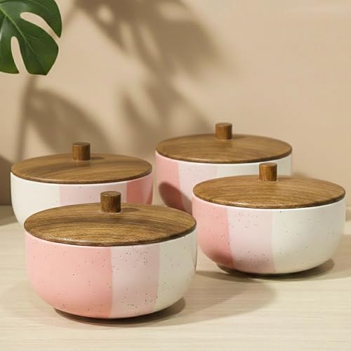 Image of The Earth Store Tritone Pink Matte Ceramic Bowl Set of 4 - 500ML Each with Nob Wooden Lid | Mixing Bowls for Snacks, Rice, Dal, Fruits, Salad Microwave Safe Bowl with Lid Perfect Gifting & Daily Use