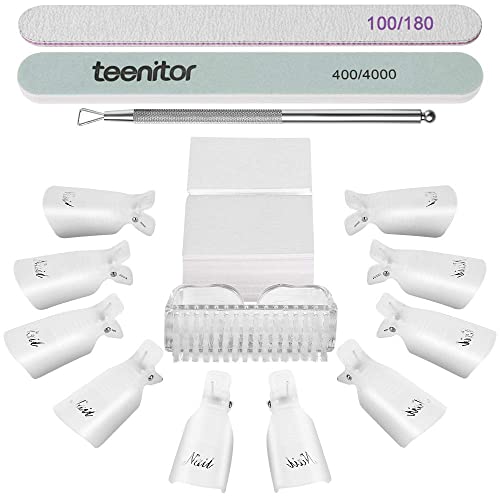 Teenitor Gel Nail Remover Kit With10Pcs Gel Clip Remover, Brush For Nails, Nail Files 100/180, Buffer Block 400/4000, Stainless Steelcuticle Peeler And 115Pcs Lint Free Cotton Pads Nail Wipe Clear #TOP30