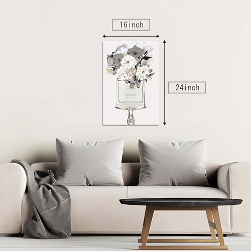 Image of HILL WEST Elegant Floral Canvas Wall Art - Perfume Bottle Picture Modern Fashion Prints Black White Flower Painting Artwork Home Decor for Bedroom Makeup Room