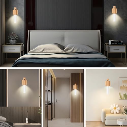 Image of Rechargeable Wall Sconce Magnetic, Torch Night Light Portable Wall Light Wireless Wall Sconces LED Wood Magnetic Wall Lamp Motion Sensor, Rechargeable Wall Sconces Set of 2 (Light-Colored)