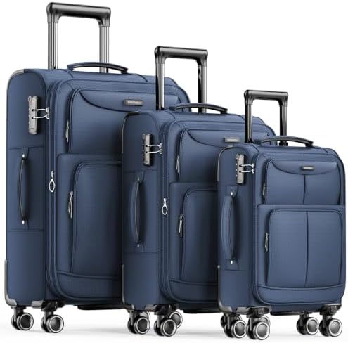 SHOWKOO Kofferset 3 Teilig Stoffkoffer Weichschale Erweiterbar Reisekoffer Leicht Haltbar Trolley Handgepäck Sets mit TSA Schloss und 4 Rollen (M L XL -Blau)