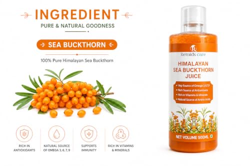 Image of Remidx Care Himalayan Sea Buckthorn Juice 500ml | Rich in Omega 3, 6, 7 & 9 | Natural Source of Antioxidants, Vitamins & Minerals | Amino Acids | Daily Wellness Drink | No Artificial Colors or Flavours Seabuckthorn Juice 500ml.
